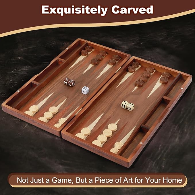 Handcrafted Wooden Backgammon Set 16 Large Size Classic Two-Player Strategy Board Premium Travel Game Board for Adults &amp Teenagers