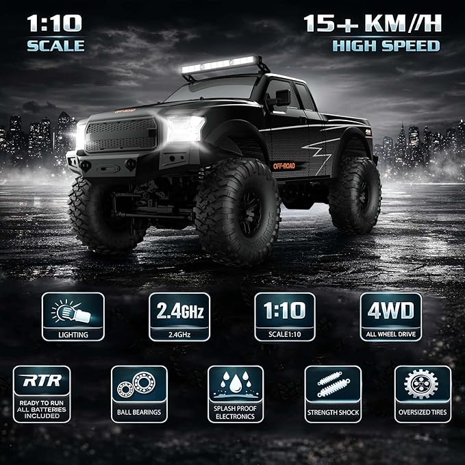 RC Cars RC Crawler 1/10 Scale RTR Remote Control Car 4WD 2.4GHz Brushed Offroad Racing Hobby Grade Model Vehicle with LED Lights 2Pcs Battery Toy for Kids and Adults