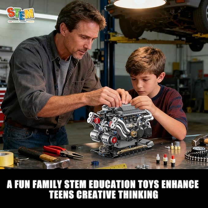 W16 Engine Building Blocks Set for Adults STEM Mini 16-Cylinder Engine Model Kit That Runs Compatible with Lego Car DIY Physical Science Experiment Toy for Teens Boys 8-14+ (801 PCS)