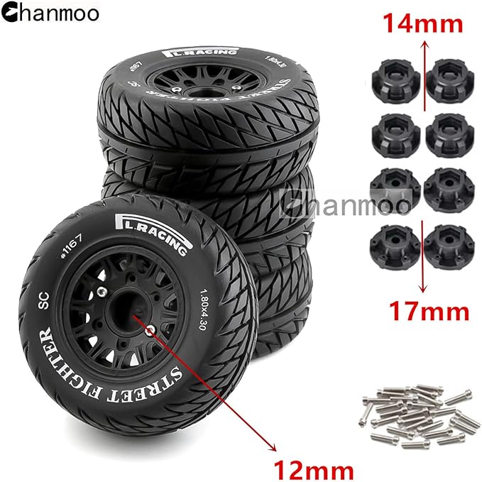1/10 RC Short Course Truck Tires And Wheels With 12mm 14mm 17mm Hex 113mm 1/8 Rubber Tyres For 1/8 or 1/10 Scale On Road Car HSP Sonic 94102 GT PTG-2 Tamiya TT02 RC Racing Car 4PCS (Black B)