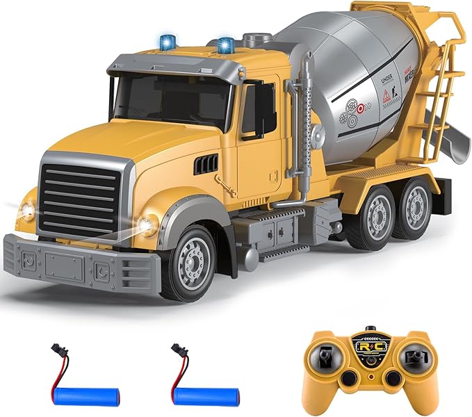 Fistone RC Cement Mixer Toy 6 Channel Truck with Lights 1:24 Electric 360 Degree Stirring Vehicle Rechargeable Construction Truck for Kids