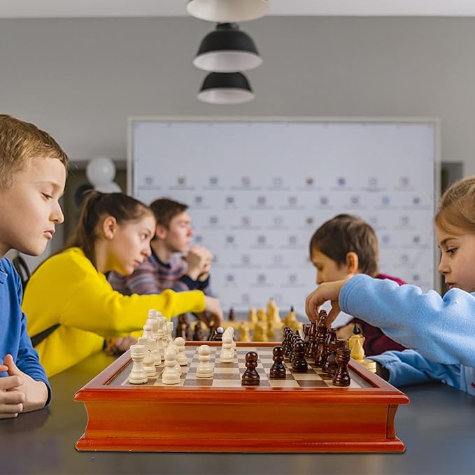Juegoal 12-Inch Wooden Chess &amp Checkers Set with Storage Drawer Portable Board Games for Kids and Adults