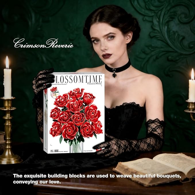 Rose Rotating Everlasting Flower Building Set (866PCS) Compatible Artificial Bouquet Elegant Home/Office Decor Accent for Tabletop Display Long-Lasting Home Decoration (Red)