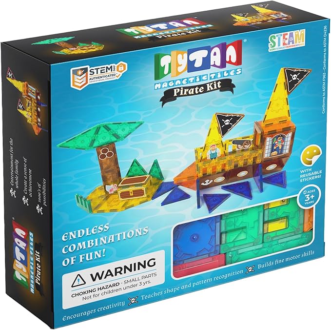Tytan Tiles Pirate Ship &amp Island 60-Piece Magnetic Tiles Building Set Fun Kids’ STEM Toy Creative Play Shape &amp Pattern Recognition Fine Motor Skills Includes Storage Bag Ages 3 and Up