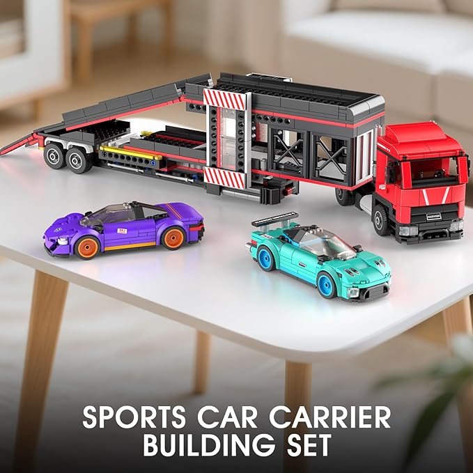 Mould King 24078 Semi Truck Building Toy Set 997 PCS Sports Car Transporter Vehicle Model &amp 2 Race Cars for Aldult/Teens/Enthusiasts Construction Toy Gift for Easter or Birthday