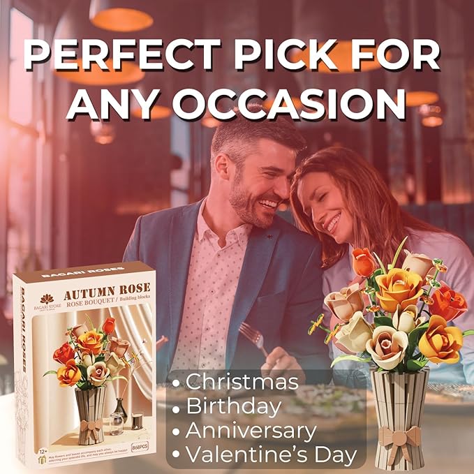 Bagari Roses Bouquet Building Set - Artificial Flowers Building Blocks with Vase Compatible with Lego Kit for Adults - Collection for Home Office Decor Gifts for Women Men Birthday Anniversary 868PCS