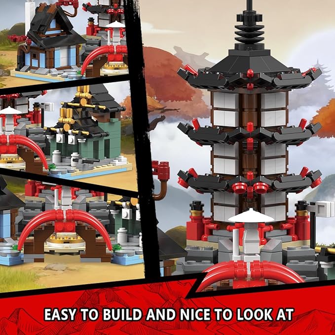 Japanese Temple AFOL Building Blocks Set Ninja Warrior Samurai Pagoda Scene Construction Toy with Bridge and House MOC Design Compatible with Lego (692PCS)