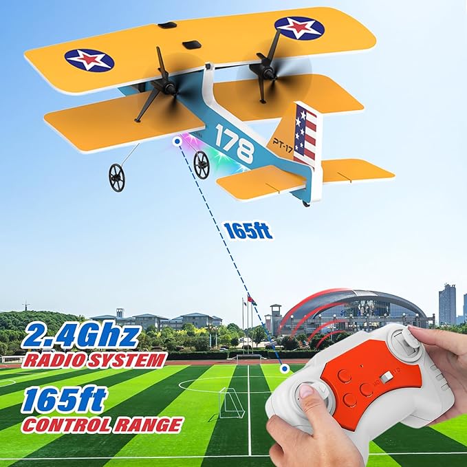 RC Plane 2.4Ghz Remote Control Airplane with 3 Batteries &amp 6-axis Gyro Stabilizer 2 Channel RTF PT-17 RC Toy Easy to Fly for Beginners Kids Boys Girls Adults (Yellow)