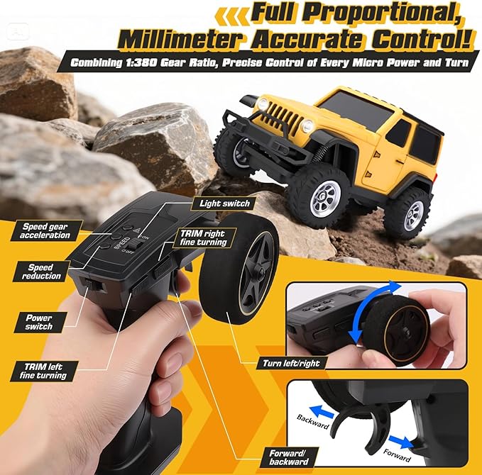 [4WD Edition 1/36 Scale Mini RC Crawler Car Toys for Age 8-14 Old Birthday Gifts Micro RC Truck 4×4 Small Cars with Off Road Full Proportional RTR 2.4GHz Remote - Yellow