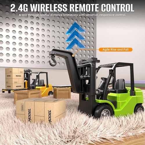 1/64 Full Proportional RC Forklift Toy10 Channel 2 Mode Mini Remote Control Forklift Truck with Flatbed Tow Truck 3 in 1 Transformable Lift Fork &amp Hook &amp Trailer with Lights &amp Sounds for