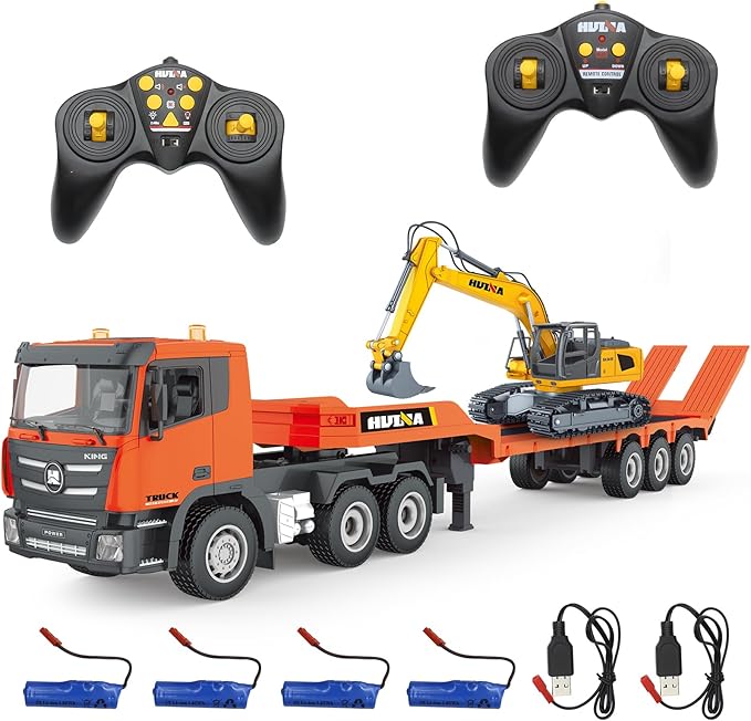 Fistone RC Semi Truck &amp Excavator Toy Set 2.4Ghz Remote Control Flatbed Truck with Excavator Toys 1:24 RC Semi-Trailer Engineering Tractor with Sound and Lights Construction Vehicles Toy for Bo
