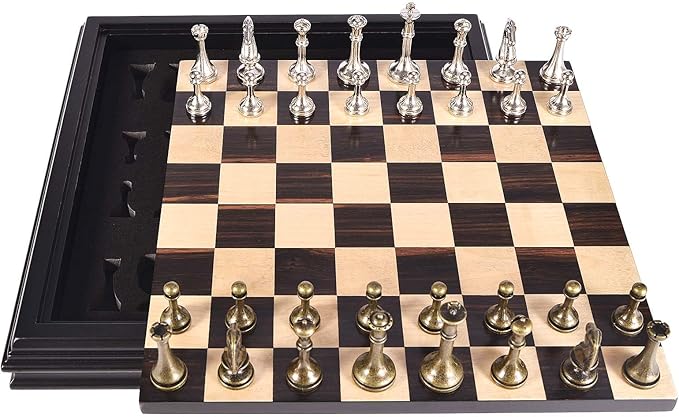 AMEROUS 12.5 inches Wooden Chess Set with Metal Chess PiecesClassic Board Game w/ 2.5'' King/Storage for Chessmen/Instructions Chess Sets for Adults Kids Beginner