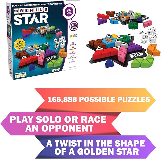 The Happy Puzzle Company The Genius Star | Toy of The Year Award Winning Family Board Game | 165888 Possible Puzzles | Filling in Colored Shapes | Blockers to Complete A Star | Golden Star Twist