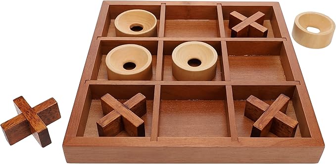 Wooden Tic Tac Toe Game – 9 Inch Solid Wood Board with X and O Pieces Decorative Coffee Table Game Classic Home Décor Accent