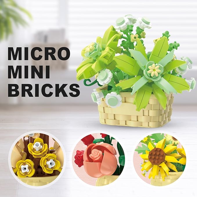 8 Pieces Flower Block Set Plant and Succulent ToysBirthday Gift for Women and Girls As a Decoration or Adult Block Toy