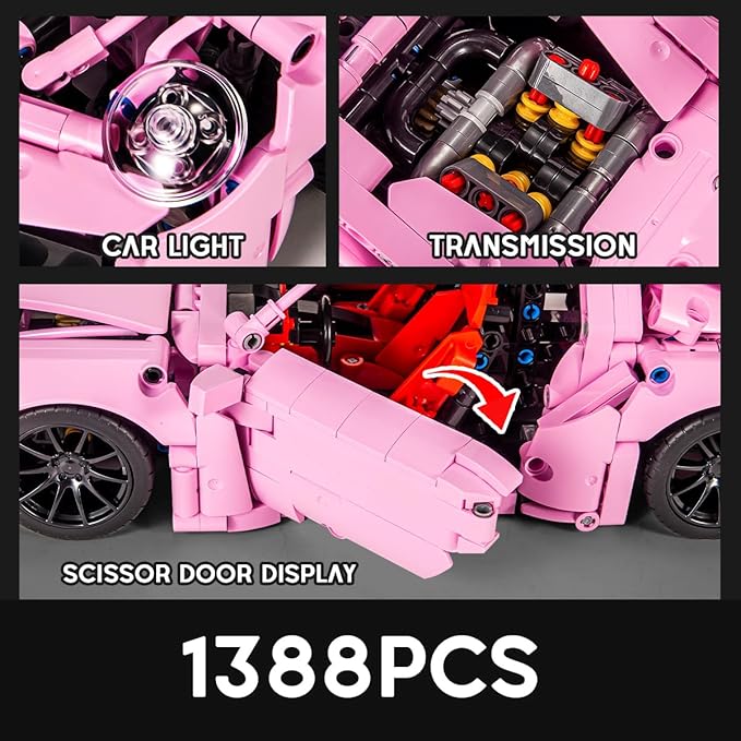 Pink Sports Car Building Blocks Set Toy Collectible MOC Car Model Building Blocks for Adults and Kids (1388 PCS)