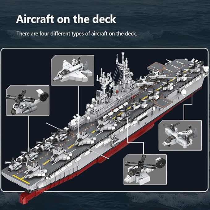 MISINI M7024 Wasp-Class Amphibious Assault Ship Building Kit1/300 Scale 5220 PCS US Navy Warship Model with Display Stand Large Ship Building Blocks Set for Adults &amp Teens