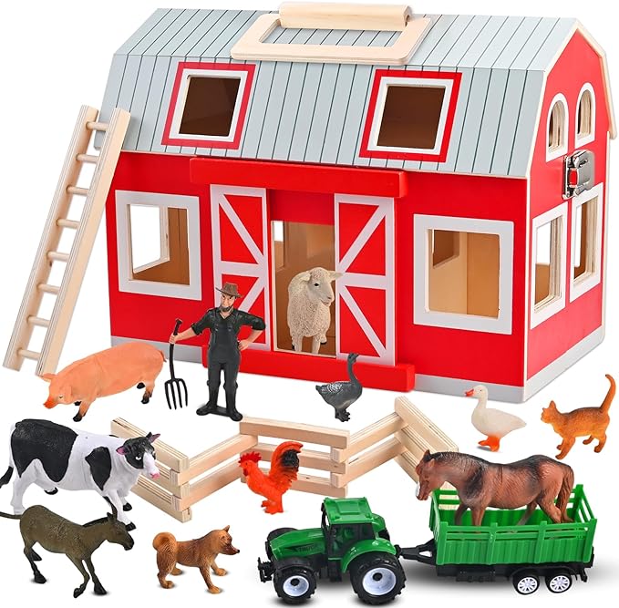 Wooden Barn Toys Play Barn with 12 Animal Play Figures for 3+ Years Old Toy Barn and Farm AnimalsWooden Barn Playset for Christmas Birthday Gift for Boys Girls