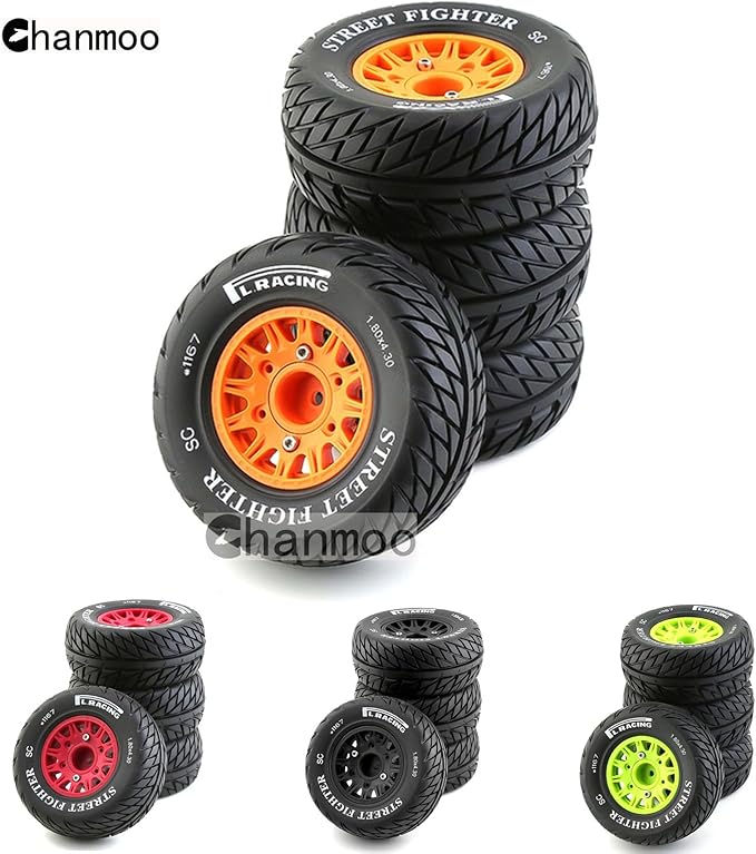 1/10 RC Short Course Truck Tires And Wheels With 12mm 14mm 17mm Hex 113mm 1/8 Rubber Tyres For 1/8 or 1/10 Scale On Road Car HSP Sonic 94102 GT PTG-2 Tamiya TT02 RC Racing Car 4PCS (Orange B)