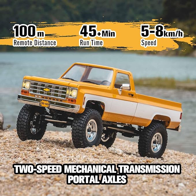 FCX18 FMS 1/18 Chevrolet K10 RC Truck Officially Licensed 4WD RC Crawler 2 Speeds Switch with LED Lights Off-Road RC Model for Adults (Yellow)