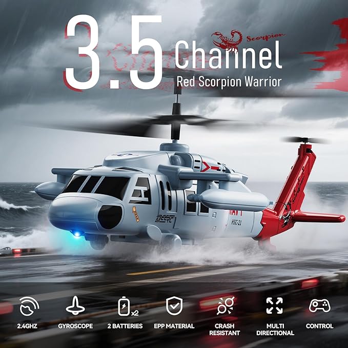 DEERC Black Hawk RC Helicopter Remote Control Helicopter with Red Scorpion Tail Design 24 Mins Flight (2 Batteries) Helicopters Toy for Kids LED Lights Altitude Hold Birthday Gift for Boys 8-12
