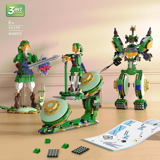 3 in 1 BOTW Building Set Transforms to 3 Different Figures- from Link Holding Master Sword to Battle Robot to Glider Bike Compatible with Lego (850PCS)