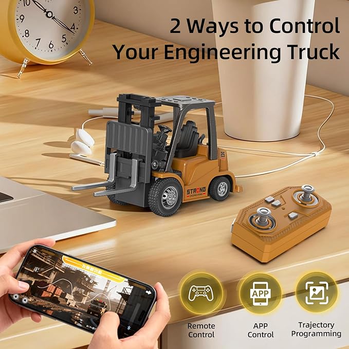 Mini RC Forklift Toy 1/64 Forklift Truck Rechargeable App &amp Remote Control 2 in 1 Transformable Lift Fork &amp Hook RC Construction Vehicles Birthday Gifts for Adults Kids Boys Girls Age 6+
