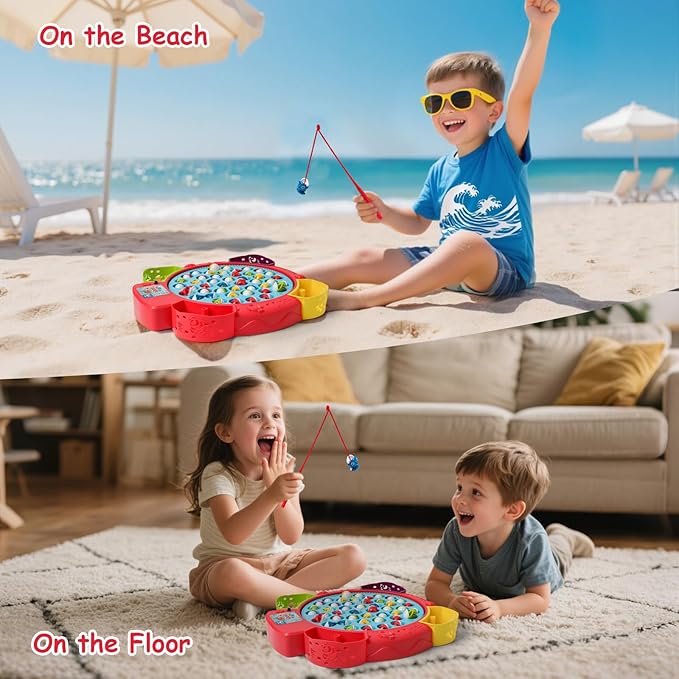 Fishing Games for Kids with 45 Fish and 4 Poles-Fishing Toy for Toddlers with 360° Rotation Board&ampMusic1-4 PlayersAges 3+