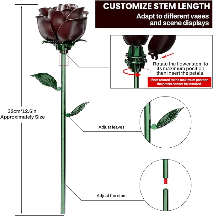 Burgundy Red Rose Bouquet Building Set for Girls &amp Boys - 12 Pack Botanical Collection Gift for Easter Basket Artificial Flowers Botanical Collection Centerpiece Retro Decor
