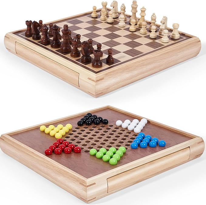 VAMSLOVE 13 Chess Chinese Checkers 2 in 1 Wooden Board Game Set with Pieces Storage Drawer - 2 Extra Queens Bonus Marbles for Birthday Gift (Instructions Included)