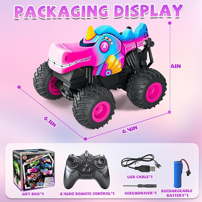 YongnKids Remote Control Car for Girls 2.4Ghz Unicorn Monster Trucks with Light &amp MusicUnicorn Toys for Girls Age 3 4 5 6 7 8 Years 360° Rotating All Terrain RC Stunt Car Rechargeable Xmas Gift