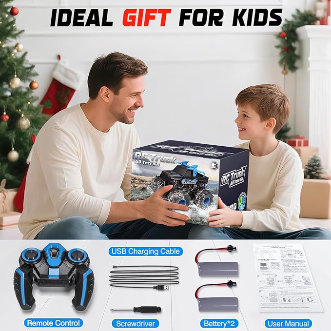 Lacchoufee 1:16 Waterproof Monster Truck Toys RC Cars 2.4GHz Remote Control Truck for Kids Boy Ages 89101112 Years Old 4WD All Terrain Off-Road with LED Lights RC Boat for Boy Girl Birthday Gift