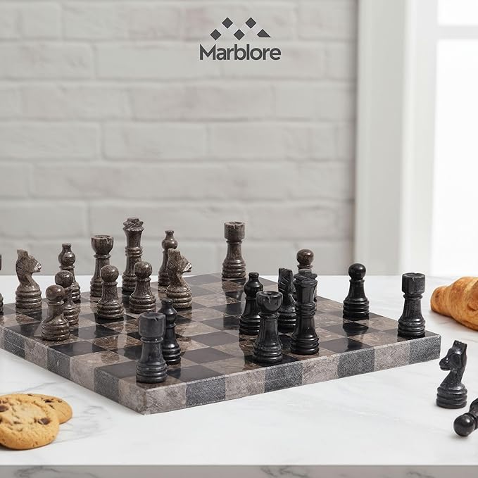 Marble Chess Set 10 Inch Oceanic &amp Black Travel Chess Board with 32 Pieces &amp 2 Extra Queens Luxury Decorative Stone Chess Game for Adults Ideal Gift for Women's Day