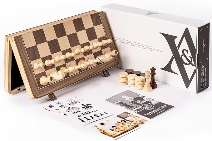A&ampA 15 Magnetic Wooden Chess Set/Folding Board / 3 King Height German Knight Staunton Chess Pieces/Mahogany &amp Maple Inlaid /2 Extra Queen