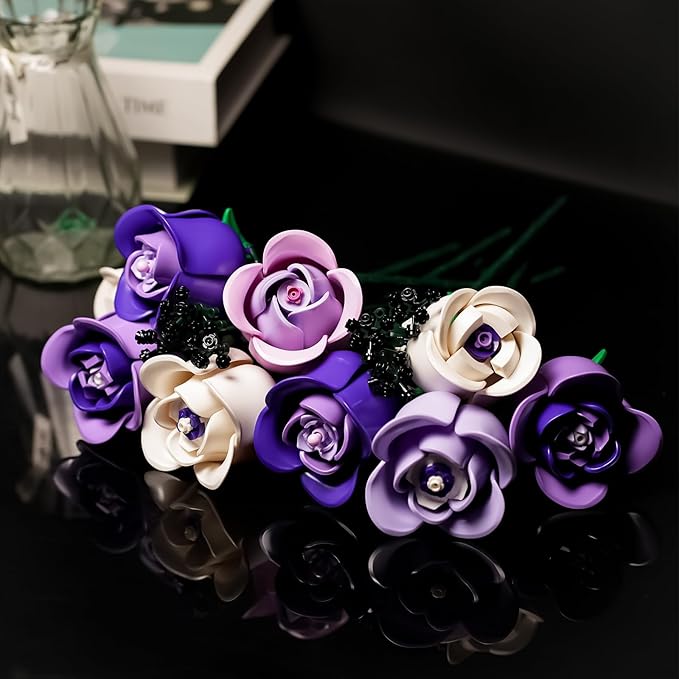 ENJBRICK Pink &amp Purple Roses Flower Bouquet Building Set 615Pcs Everlasting Botanical Collection Compatible with Lego for Adults Aesthetic Home Decor &amp Romantic Gift for Women Anniversary