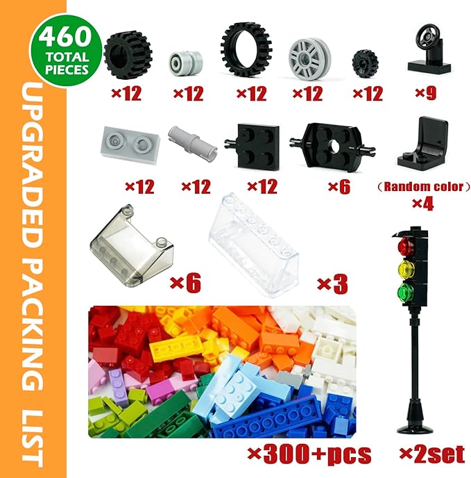 BroTex Wheels and Axles Sets with Steering Wheels&amp &ampWindshield&ampTraffic Light Over 400pcs Classic Bricks Pieces and Car Parts Kits Basic Bulk Building Blocks Vehicles with Tires