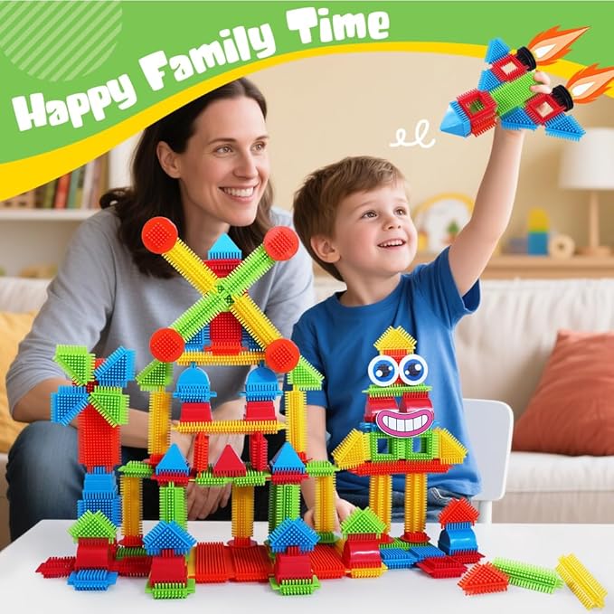 teytoy 200Pcs Building Blocks Toys Bristle Shape Building Blocks Set STEM Interlocking Construction Learning Toys for Kids Ages 3+