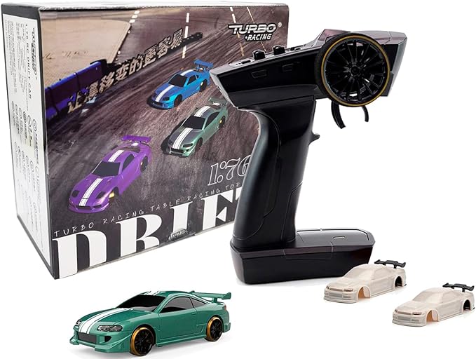 Turbo Racing C62 1:76 Scale Drift RC Car with Gyro Mini Full Proportional RTR 2.4GHZ Remote Control with 2 Replaceable Body Shell(Grayish Green)