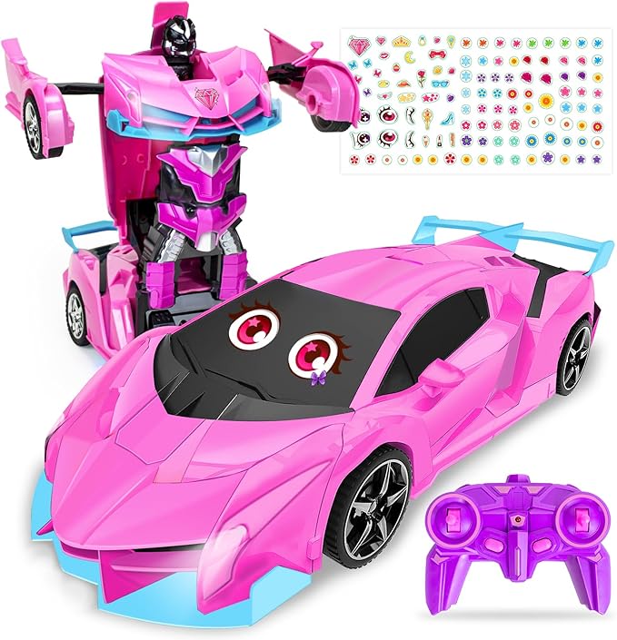 Pink Remote Control Car for Girls Age 3 4 5 6 7 8 Transformation Rc Cars Racing Car with One-Button Deformation &amp 360°Drifting Robot Toys for Birthday