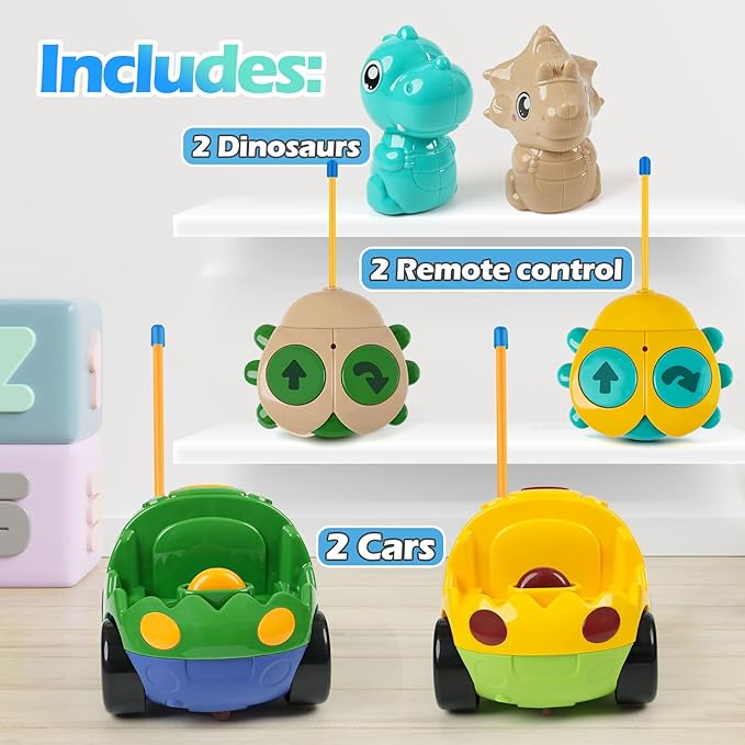 Remote Control Dinosaur Car Toys for Toddler Kids - Best Birthday Gifts for Boys Ages 2 3 4 5 Years Old 2-Pack Toys for Toddlers 18+ Months with Lights and Music