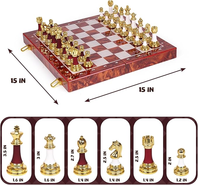 15 Inch Chess Set with Weighted Acrylic Chess Pieces – Tournament Size 3.5” King – Elegant Folding Chess Board for Adults and Kids Professional Family Chess Board Game Set for Home Office &amp Gift
