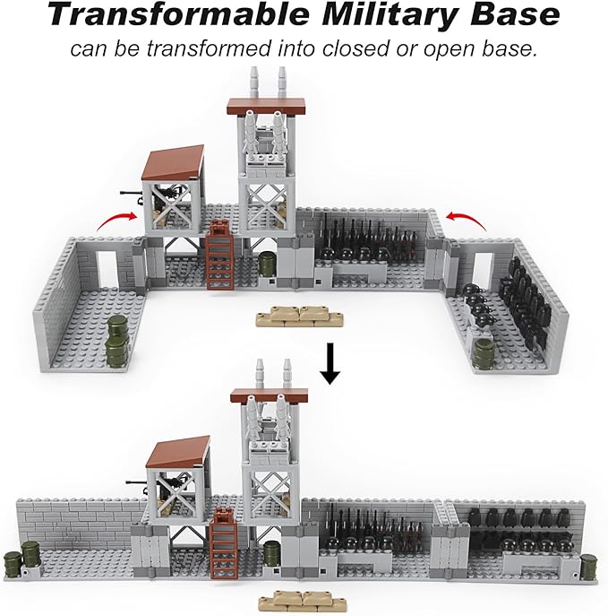Feleph Military Base Building Bricks Set 389 Pieces Armory Defense Guard Tower Guns Army Weapons SWAT Gear Accessories for Soldier Figures Building Block Toy Compatible with Major Brands