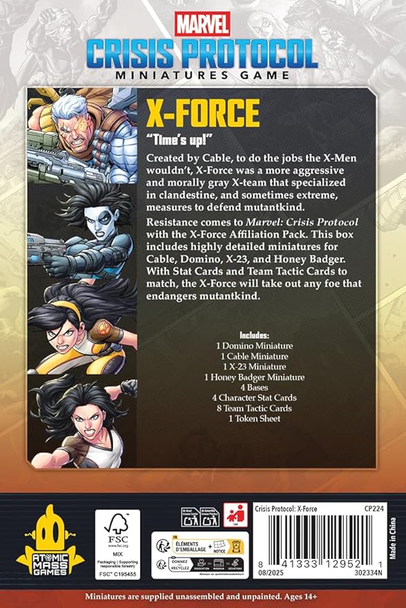 Asmodee Marvel: Crisis Protocol X-Force Affiliation Pack - Cable Domino X-23 &amp Honey Badger Tabletop Superhero Game Ages 14+ 2 Players 90 Minute Playtime