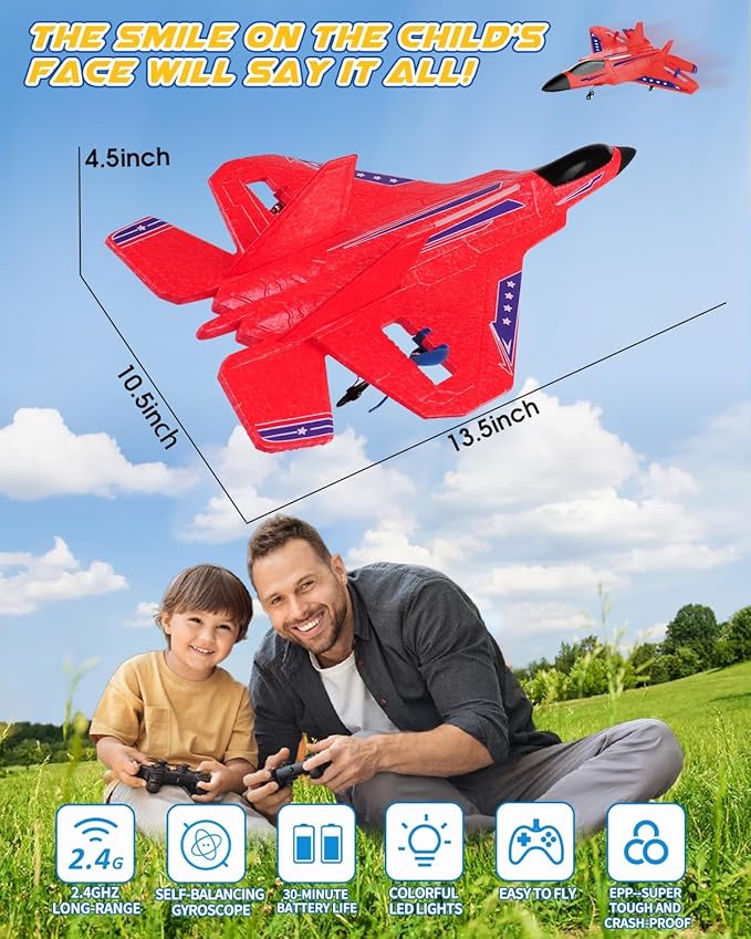 F22 RC Airplane 2.4GHz Remote Control Jet with Gyro Stabilizer LED Lights 2 Batteries Easy to Fly for Kids Boys Adults Beginners (Red)