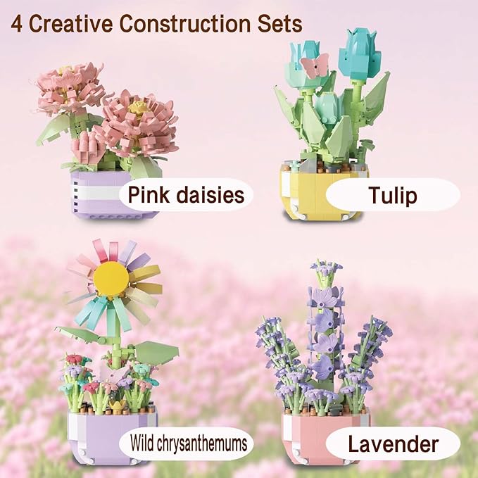 Mini Flower Bouquet Building Sets - Botanical Collection Artificial Flowers for Home Decor Creative Easter Gifts for Teens Girls &amp Adults (Chrysanthemum sunflower tulip lavender set of four)