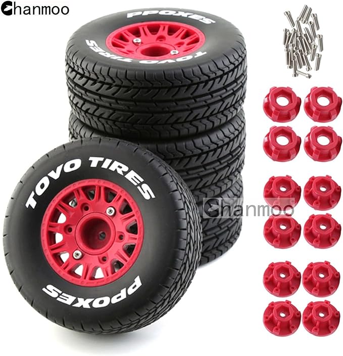 1/10 RC Short Course Truck Tires And Wheels With 12mm 14mm 17mm Hex 113mm 1/8 Rubber Tyres For 1/8 or 1/10 Scale On Road Car HSP Sonic 94102 GT PTG-2 Tamiya TT02 RC Racing Car 4PCS (Red A)