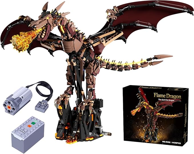 Mechanical Flame Dragon Building Block Set– Collectible Medieval Fire Dragon Model with Movable Wings &amp Joints Premium Set with Display Stand &amp Motor Perfect Hobby Gift for Adults &amp Teen