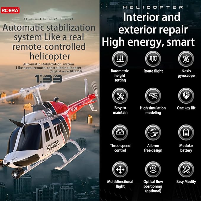 RC ERA C138 1/33 Scale 206 Helicopter for Adult 2.4G 6CH No Aileron Helicopter with Altitude Hold and Optical Flow Positioning 1 Battery (RTF Version/Red&ampBlack&ampWhite)