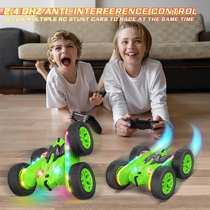 Remote Control Car Rc Cars Stunt RC Car Toys Upgraded Strip Lights and Headlights Kids Toys Double-Sided 360° Rotating 4WD Drift Truck for Boys Girls Birthday Gift (Green)