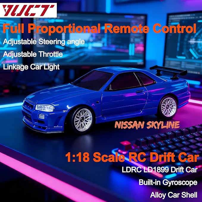 YUCT LD1899 Drift RC Car 2.4GHz RWD Drifting with Gyro 1/18 Full Proportional Control Alloy Shell(Blue with Metal Drift Tires)